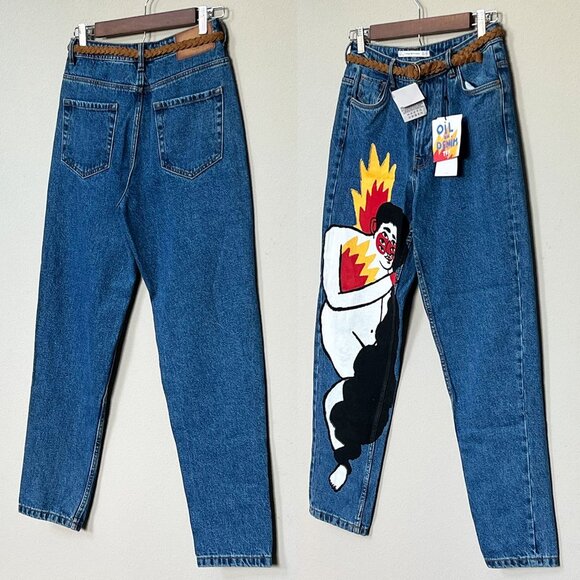NEW TRF Zara x Ricardo Cavolo Hand Oil Painted Mom Jeans 4 + Belt Dark Wash Rare - Picture 15 of 16